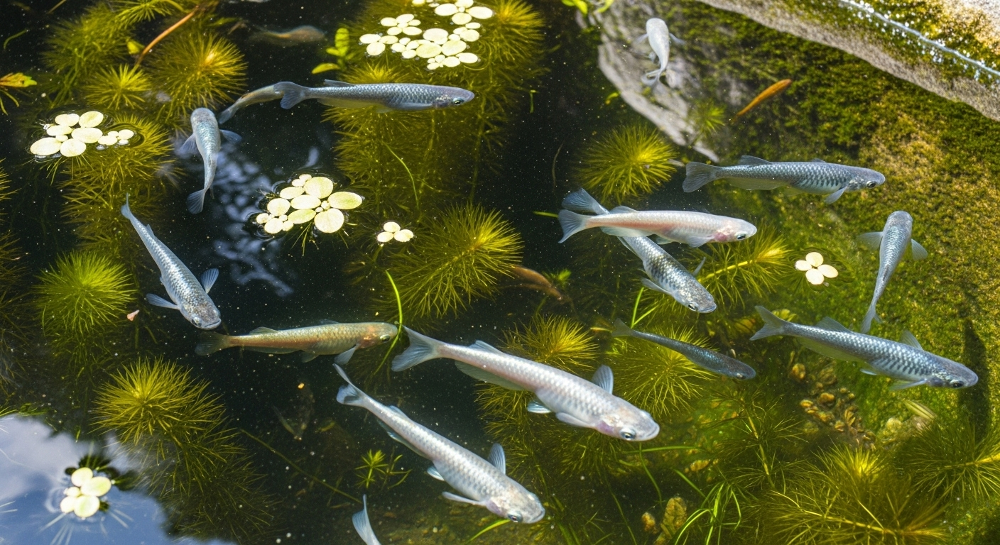 屋外の大きな水鉢で元気に泳ぐ様々な品種のメダカたち