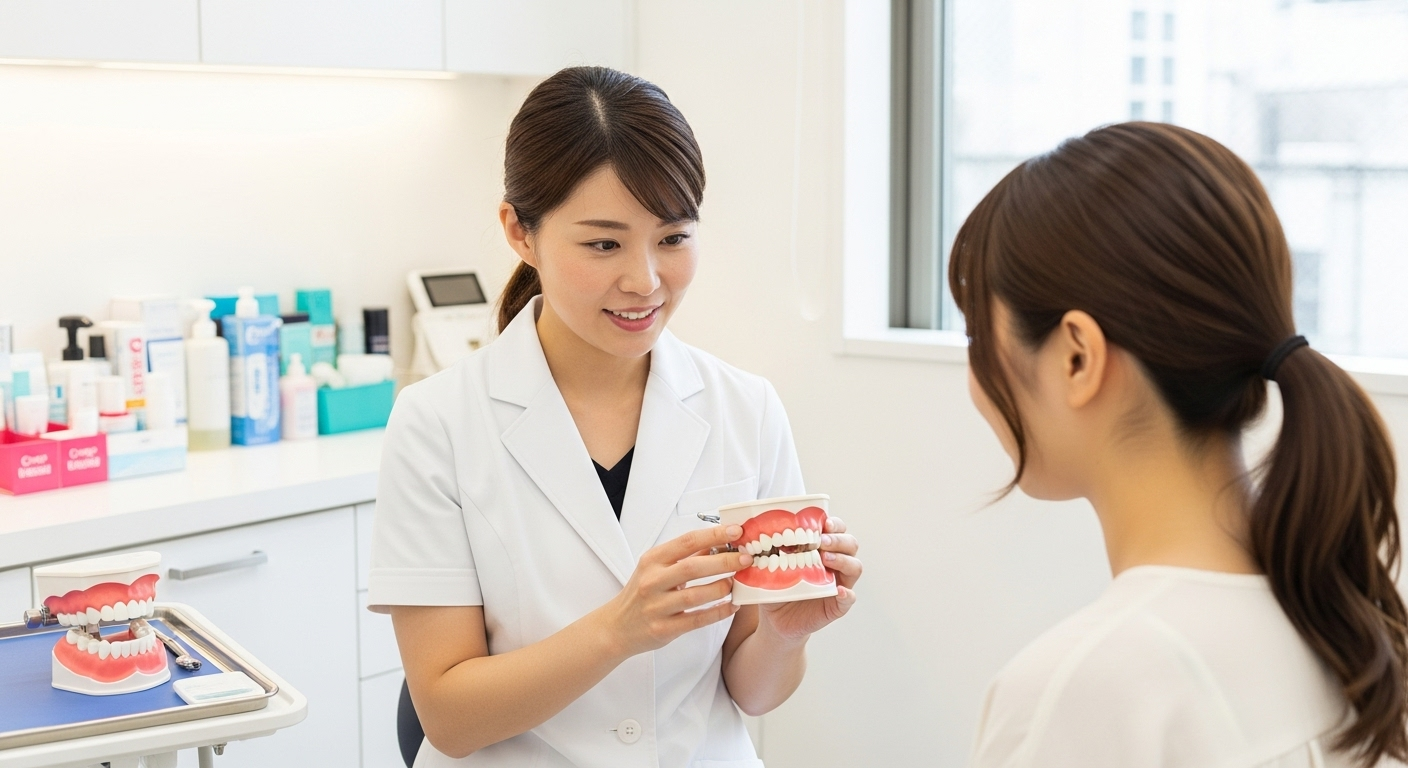 歯科医院の診療室で、白衣を着た優しそうな日本人女性歯科医師が、30代の日本人女性患者に歯の模型を使って説明している様子