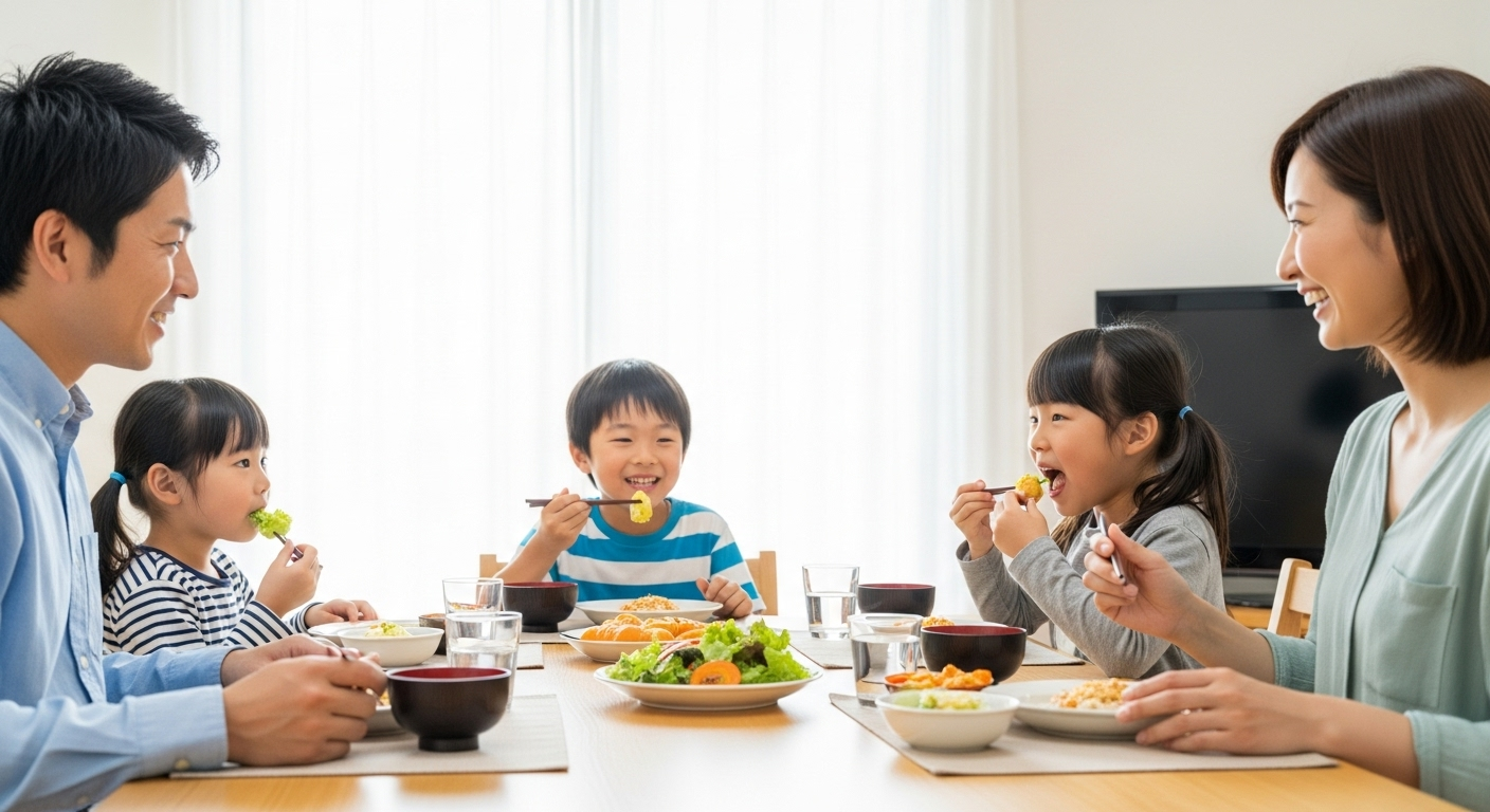 リビングのダイニングテーブルで、日本人の家族（父親、母親、小学生の兄妹）が楽しそうに会話をしながら食事をしている様子