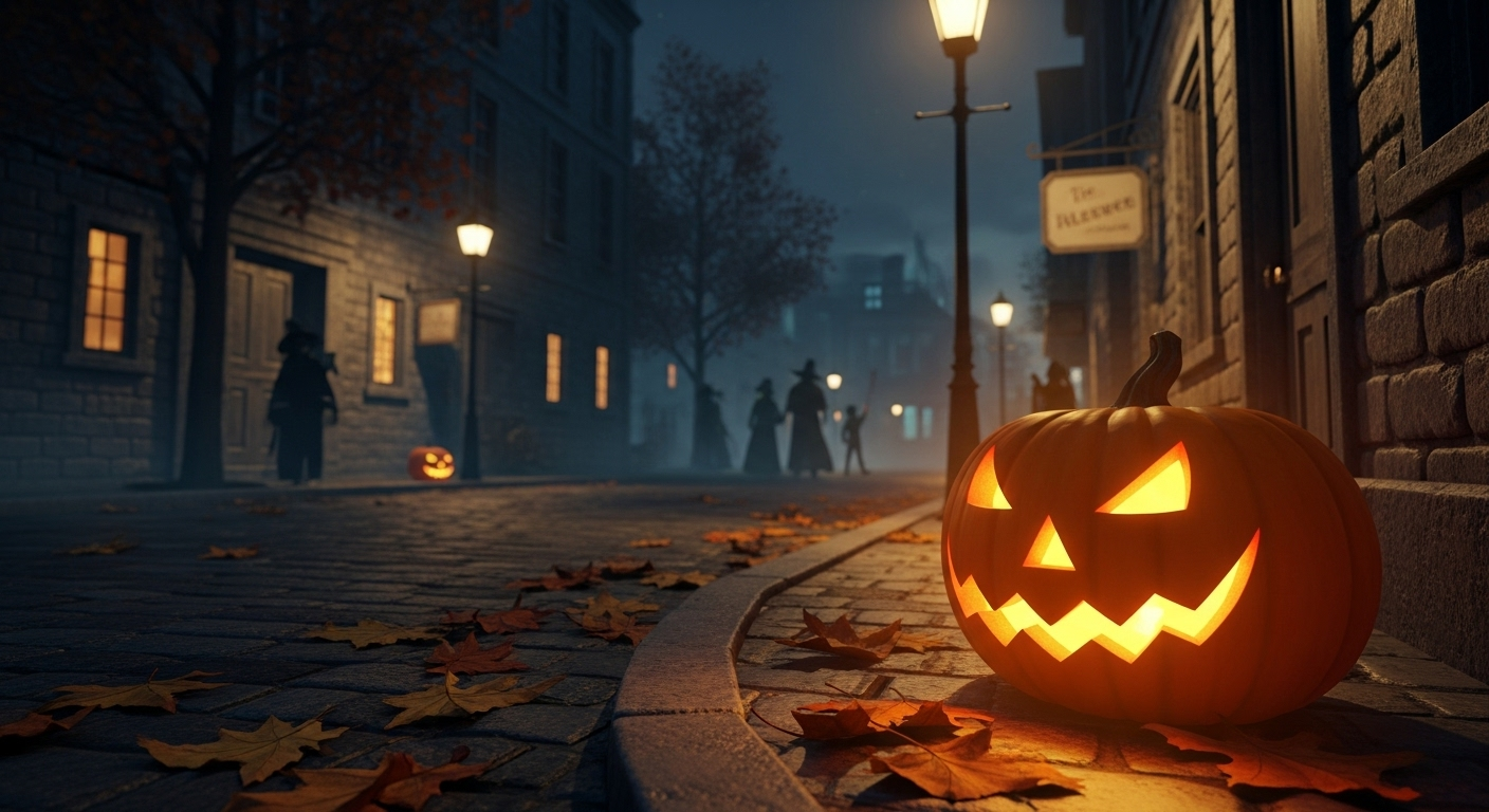 薄暗い夜の街角で、オレンジ色のカボチャのジャック・オー・ランタンが温かい光を放っている様子
