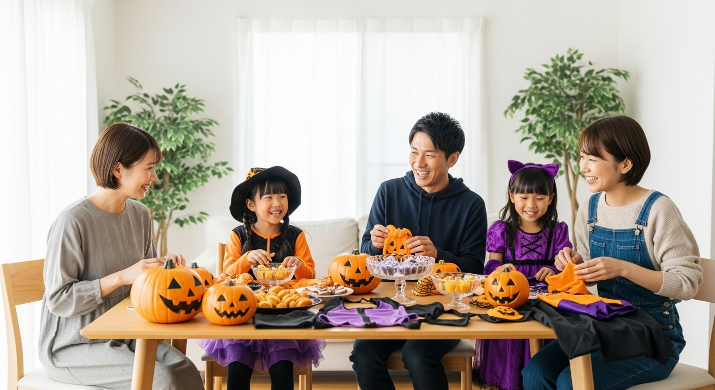 明るいリビングルームで、20代から30代の日本人家族が楽しそうにハロウィンの準備をしている様子