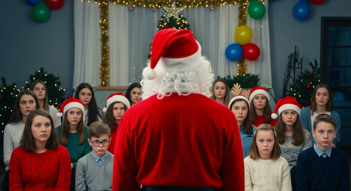 サンタクロースの赤い服を着た人物が、つまらなそうな表情をしている子どもたちや大人たちの前に立っている様子
