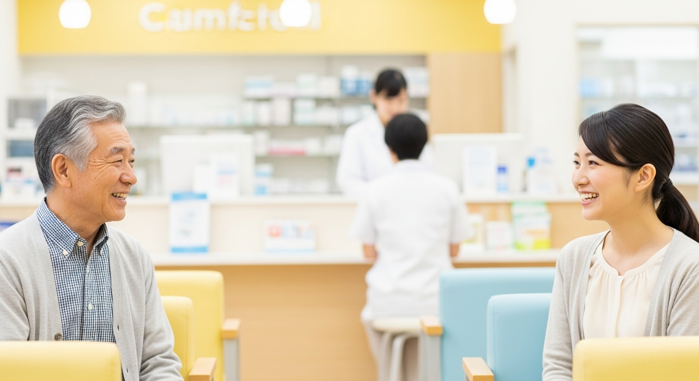薬局の待合室で高齢者と若い女性が笑顔で会話している様子