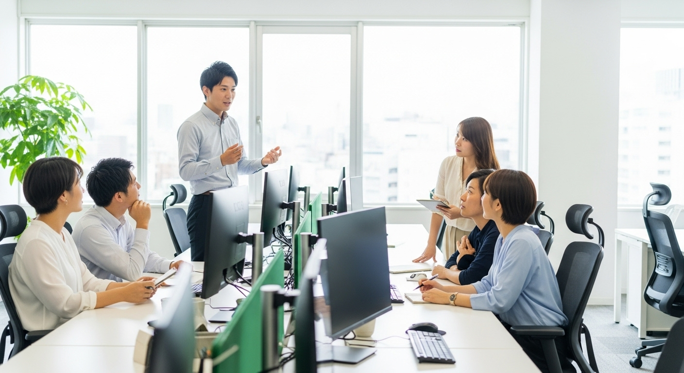 明るいオフィス環境で30代の日本人男性会社員が同僚たちに何かを説明している様子