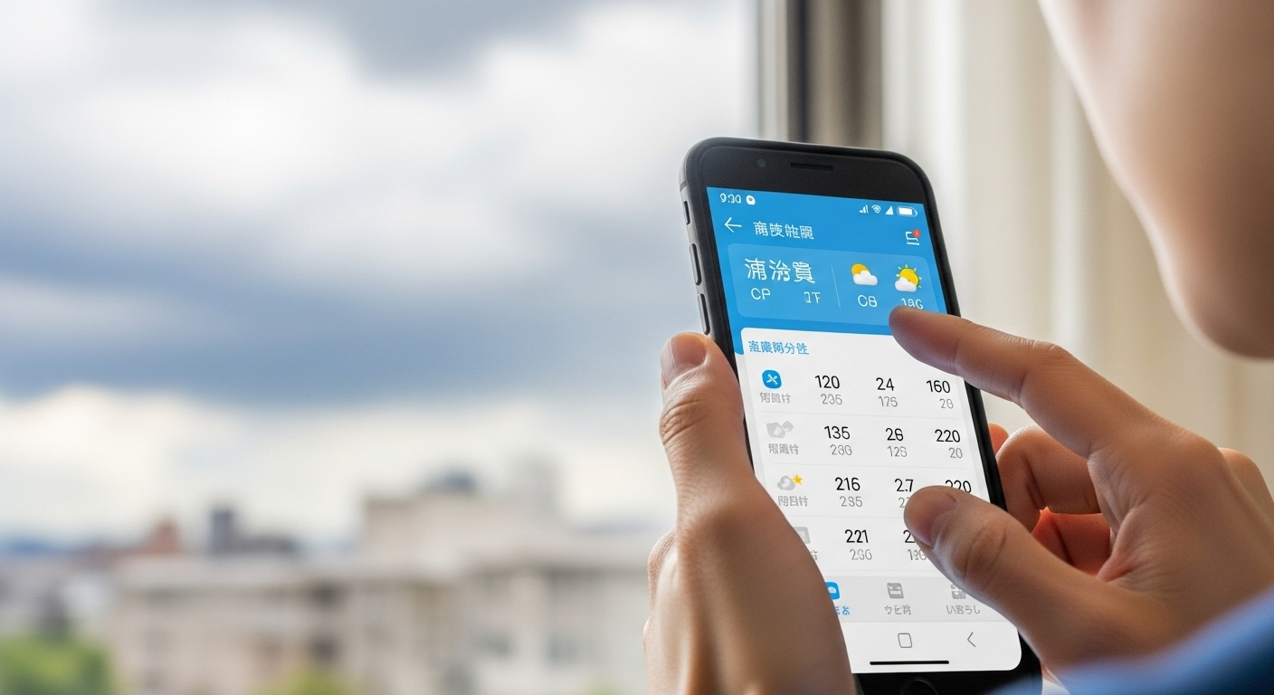スマートフォンの天気アプリ画面を見ている日本人の手元のクローズアップ
