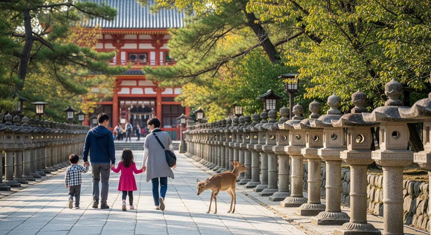 春日大社の参拝ルートを歩く家族連れの様子