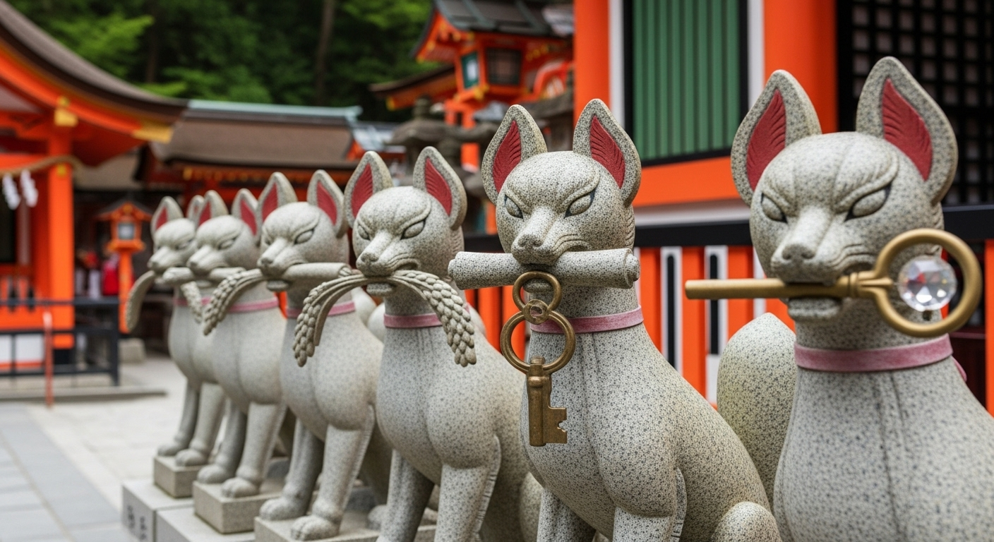 伏見稲荷大社の境内に配置された様々な狐の石像のクローズアップ。口に稲穂、巻物、鍵、宝珠をそれぞれくわえた異なる狐像が並んでいる様子