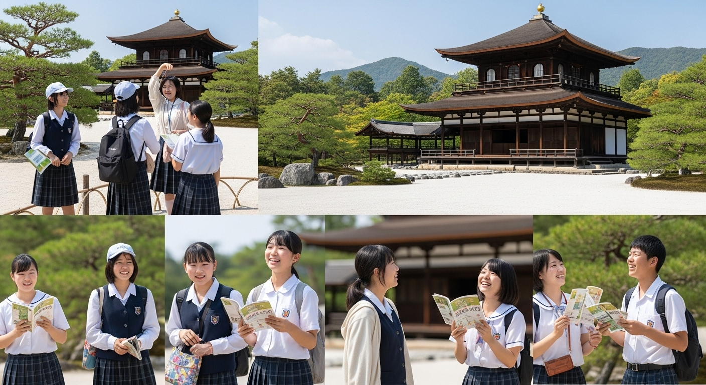 京都観光で銀閣寺を訪れる観光客たちの様子