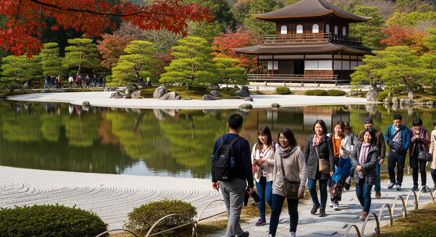 銀閣寺の庭園を散策する人々の様子