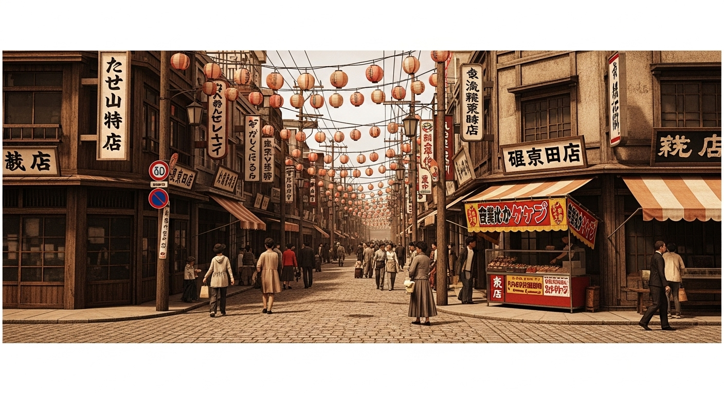 昭和初期の大阪の下町の風景で、古い木造の建物が立ち並ぶ商店街