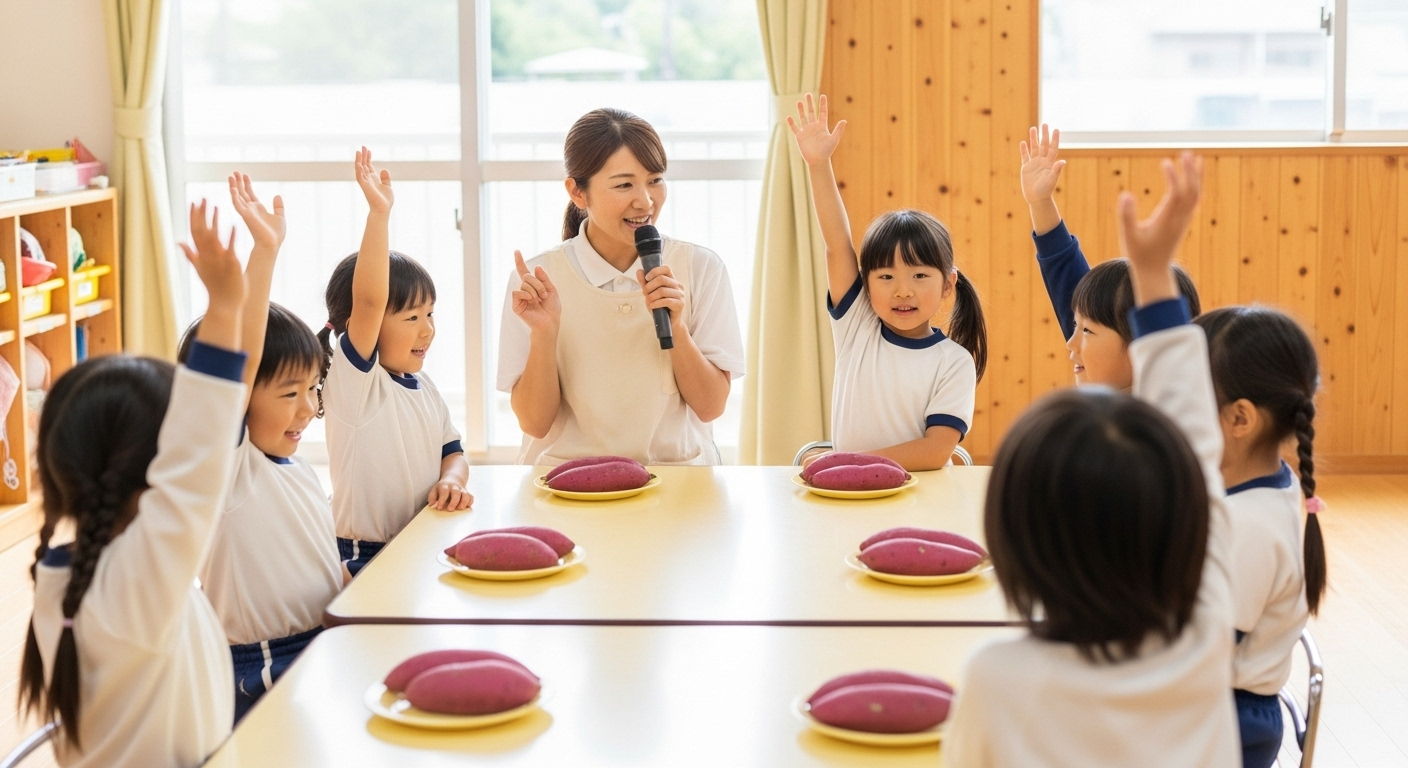 保育園の教室で円座になった3歳から5歳の日本人の子どもたちが、保育士の女性からさつまいもクイズを聞いて手を挙げている楽しそうな場面