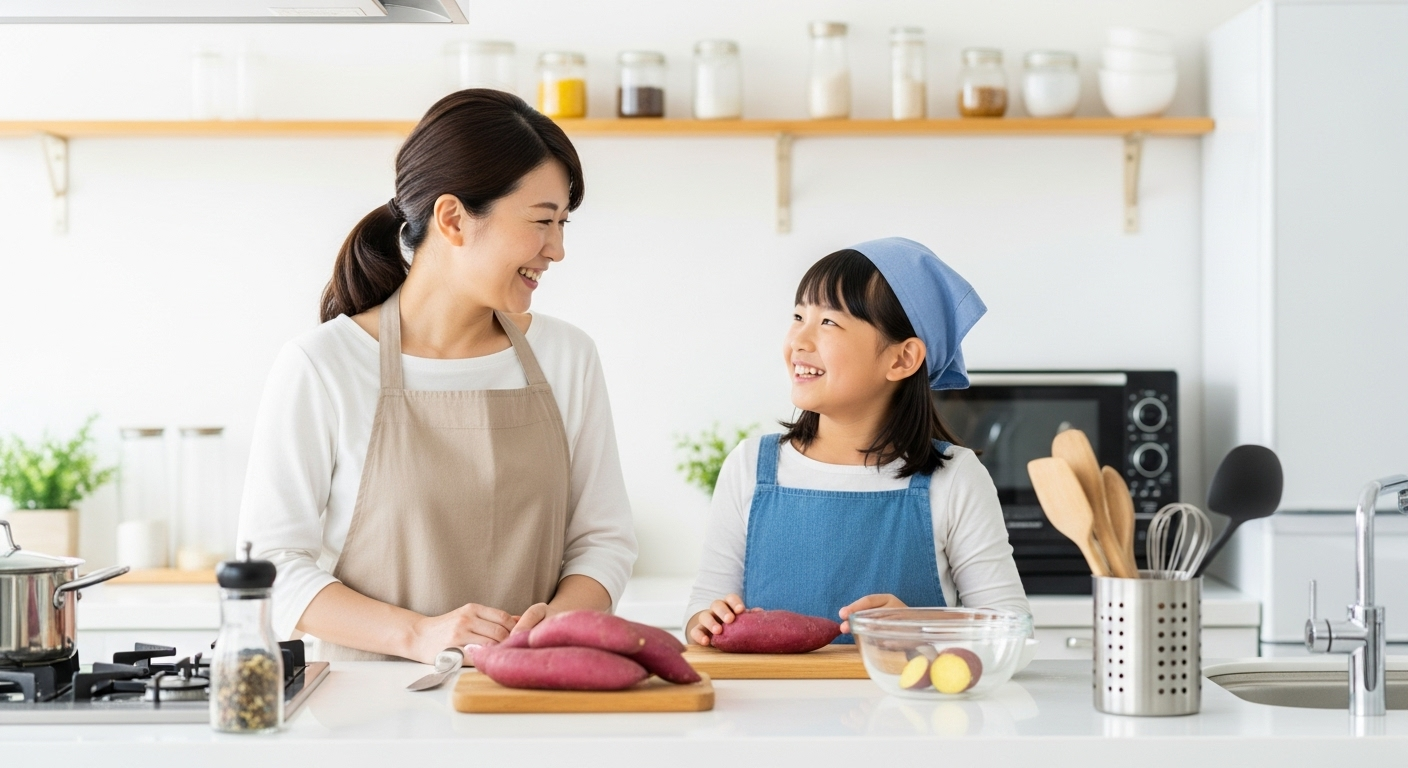 親子でキッチンでさつまいもを使った料理を作っている様子