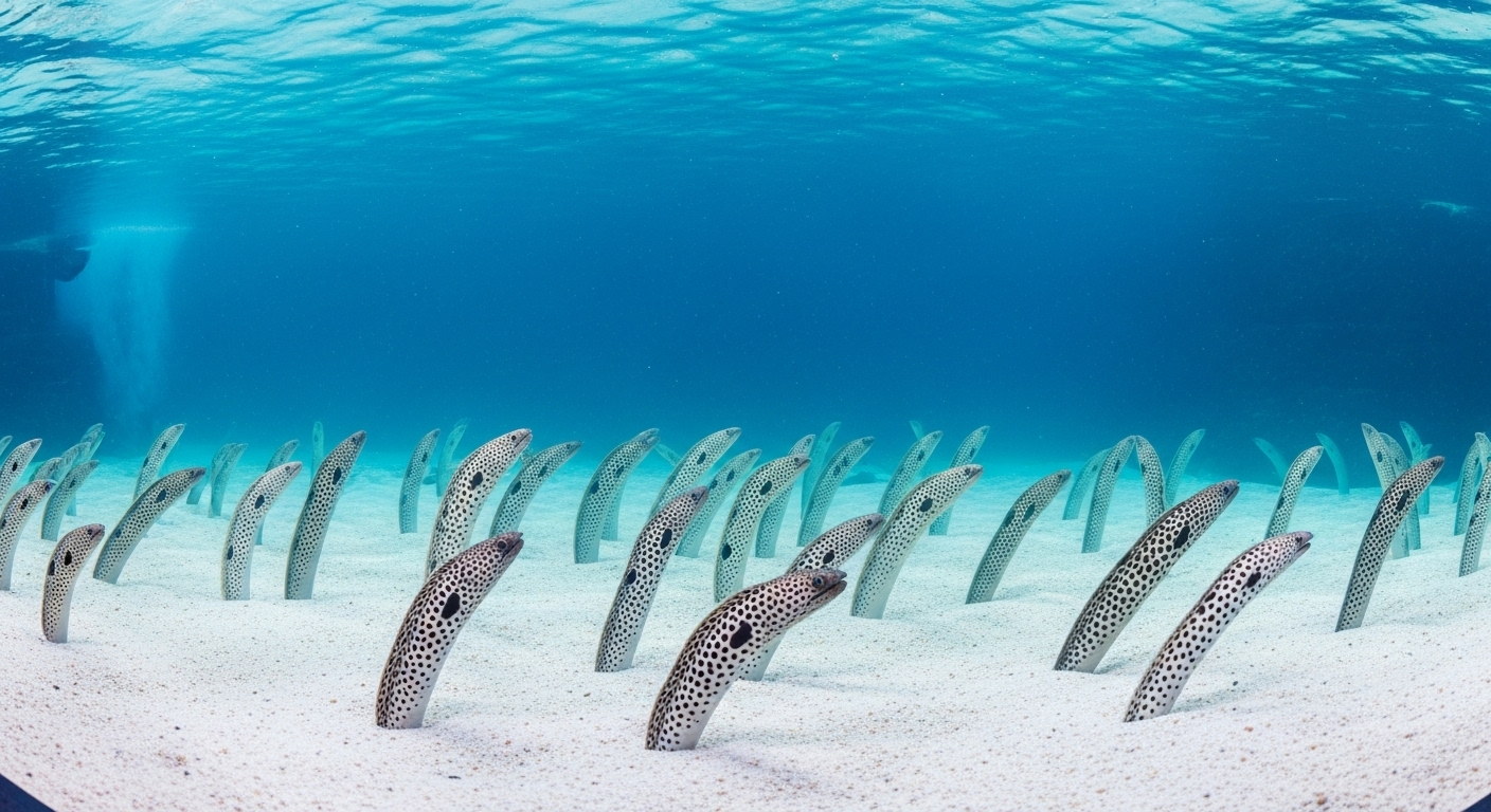水族館の水槽内でチンアナゴが砂地から顔を出している様子