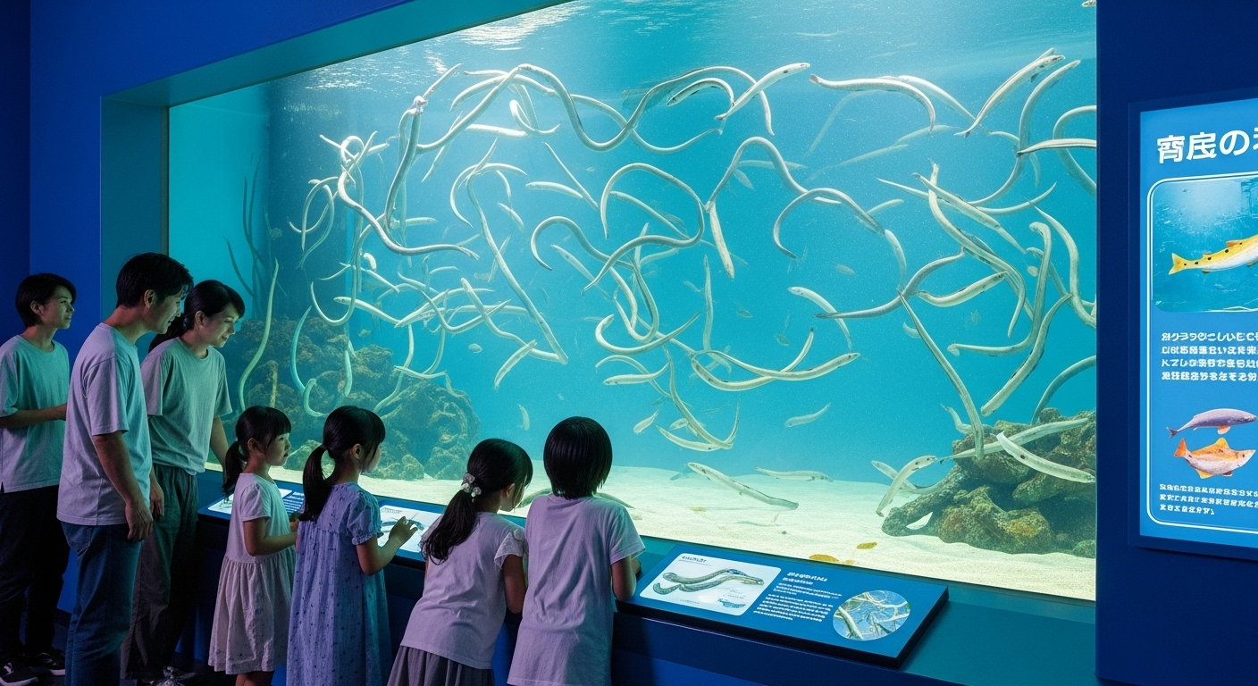 日本の水族館の展示エリア、家族連れや友人同士がチンアナゴの水槽を興味深そうに観察している様子