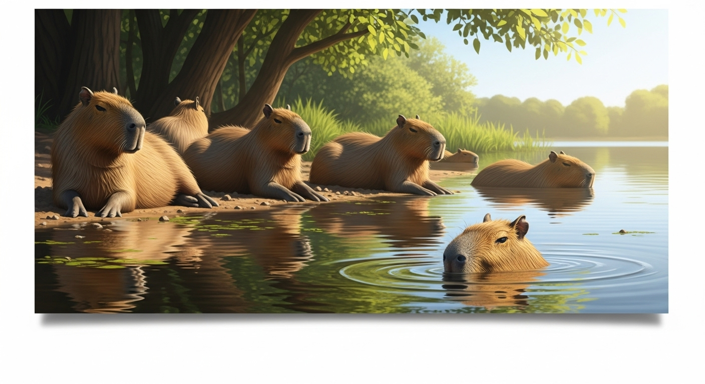 動物園の檻越しではなく自然な環境で、のんびりと水辺でくつろぐカピバラの群れと、同じ場面で水中に潜って隠れるカピバラを対比させた構図