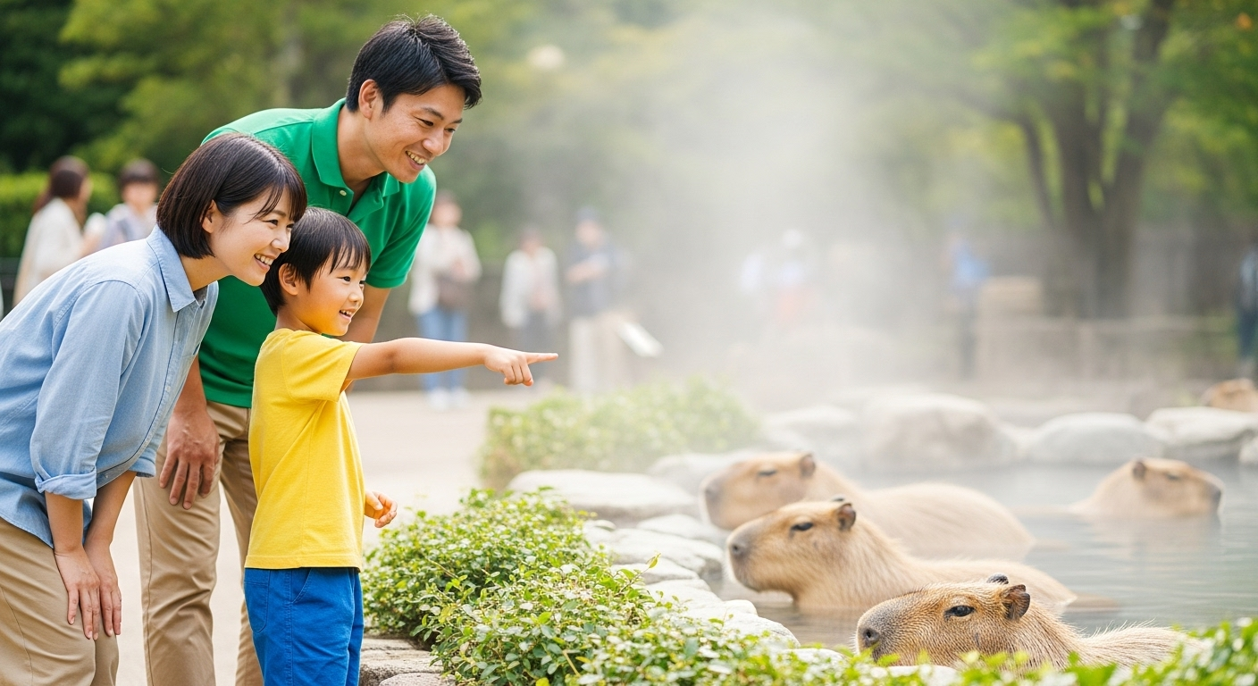 家族連れが動物園でカピバラを観察している温かい場面。子どもが指差しながら興味深そうにカピバラを見つめ、親が説明している様子