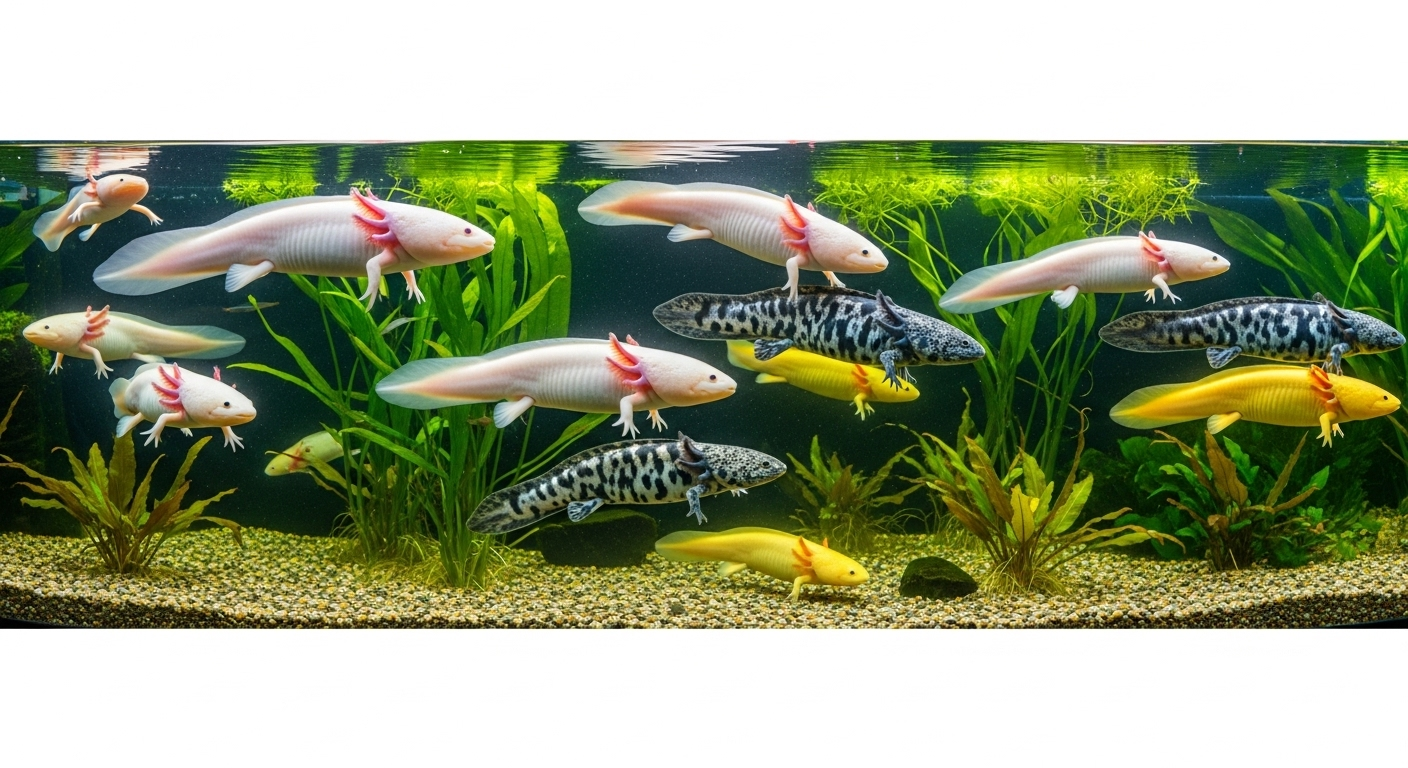 水槽の中で複数のウーパールーパーが泳いでいる様子を撮影したような構図