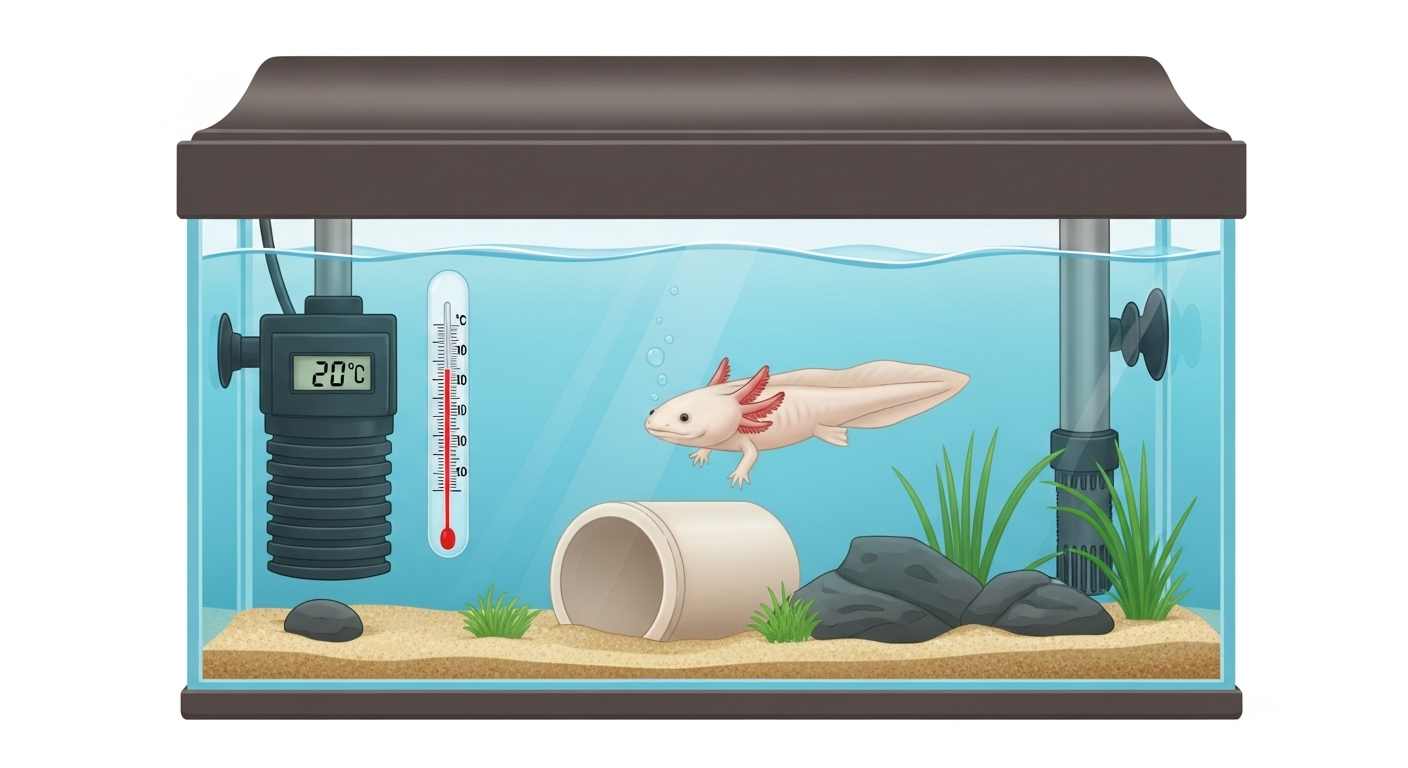 ウーパールーパーの飼育環境を示すイラスト風の画像。適切なサイズの水槽、フィルター、温度計、隠れ家用の土管などの飼育用品が整然と配置され、清潔で明るい飼育スペースの様子