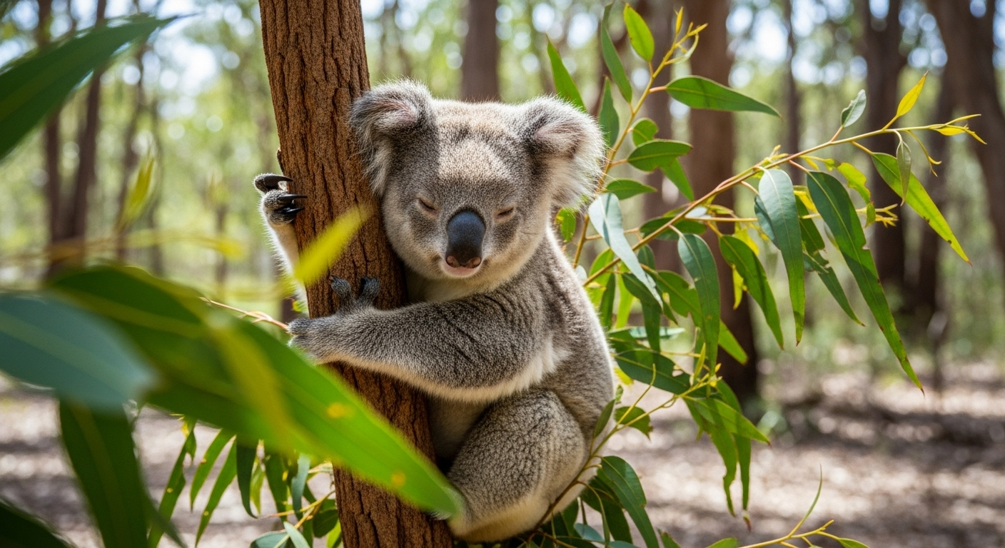 オーストラリアの森林でユーカリの木にしがみつくコアラの姿