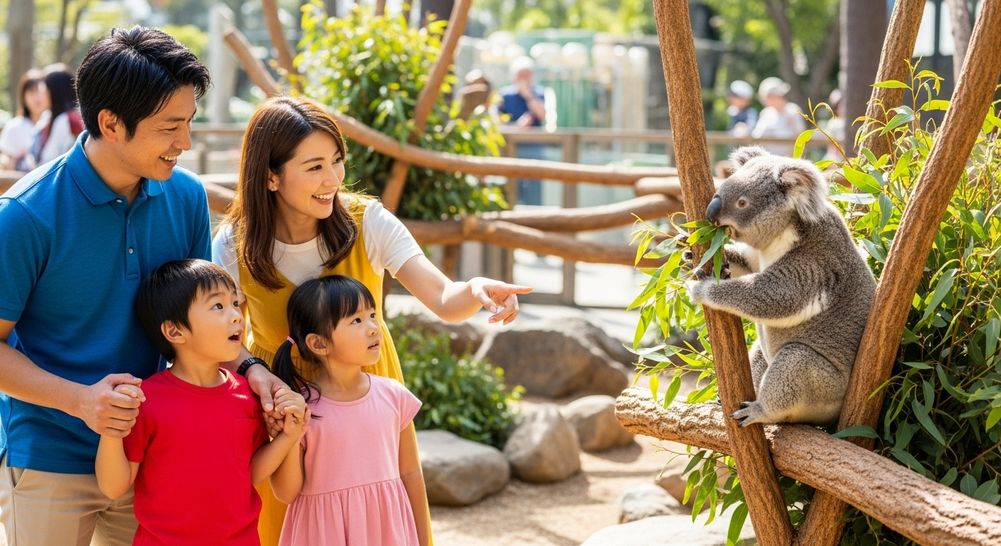 日本の動物園でコアラを観察する家族連れの様子