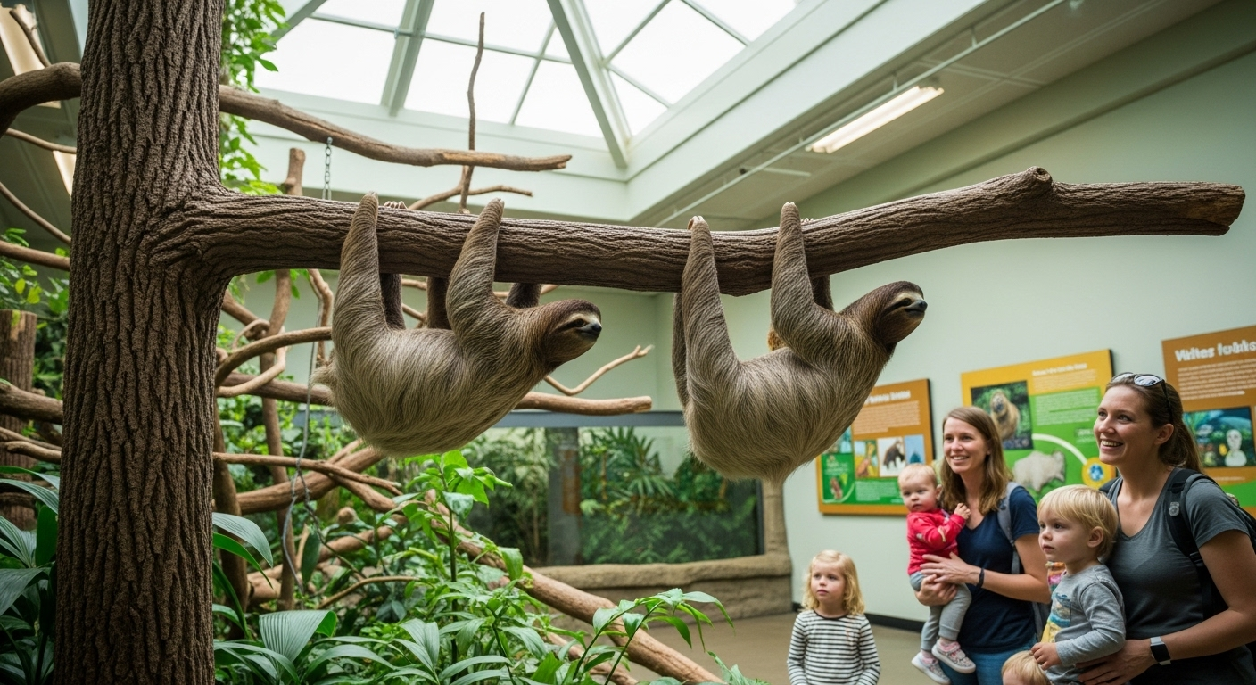 動物園の屋内展示施設で、木の枝にゆっくりとぶら下がるフタユビナマケモノとミユビナマケモノが並んで展示されている様子
