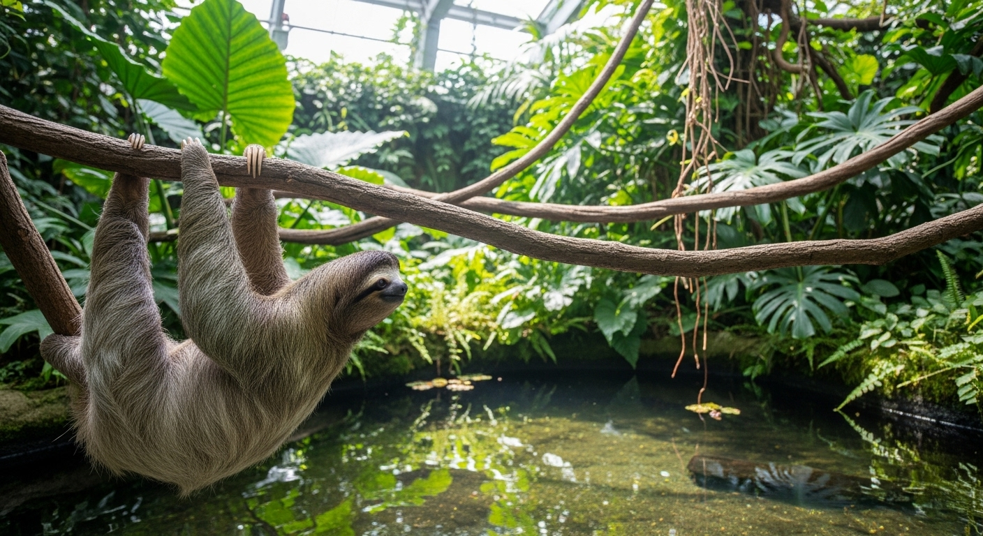 熱帯雨林を再現した動物園の温室展示で、ナマケモノが水辺近くの木の枝にぶら下がっている様子