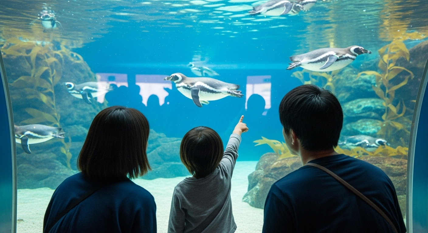 水族館の観察エリアで、透明なアクリル越しにマゼランペンギンを見つめる日本人家族の後ろ姿
