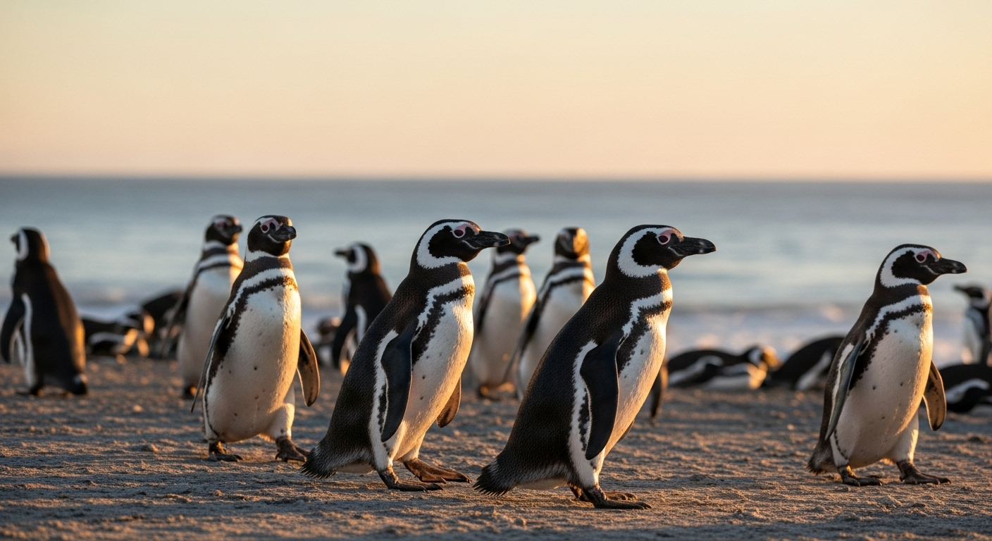 南米アルゼンチンの海岸線で、野生のマゼランペンギンたちが群れを成して海辺を歩いている自然な光景