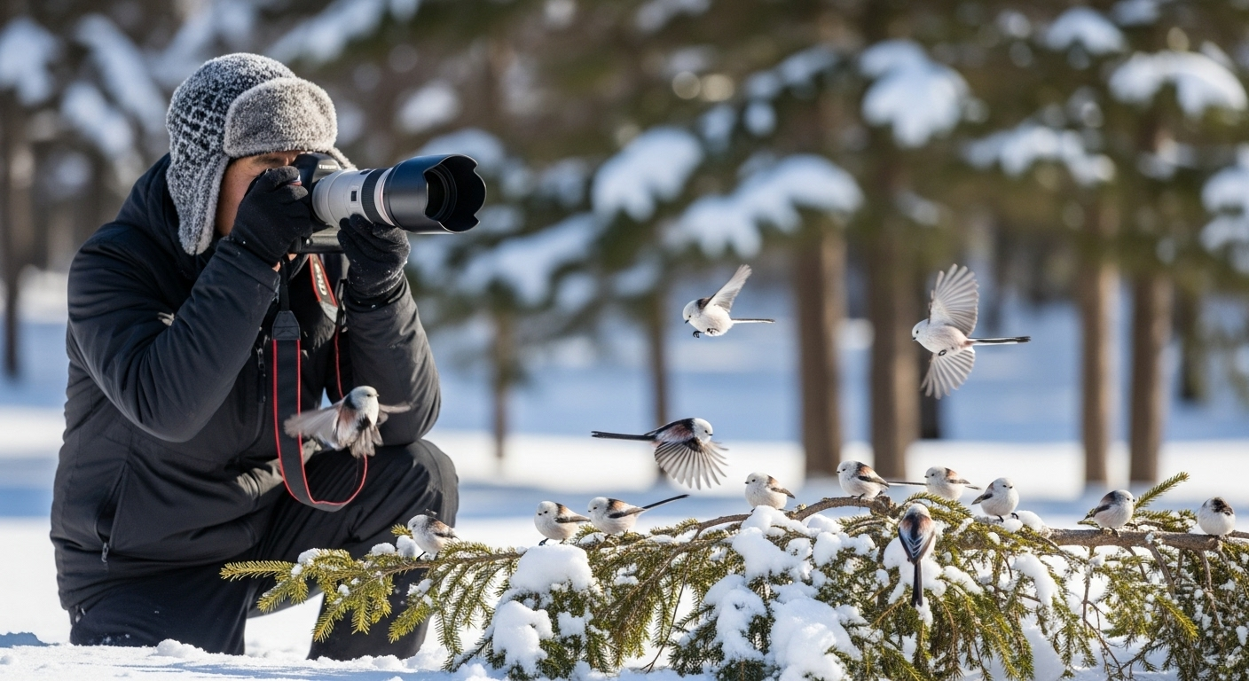 北海道の公園で一眼レフカメラを持った日本人の野鳥写真家が、望遠レンズでシマエナガを撮影している様子