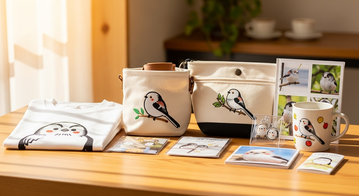 シマエナガをモチーフにした可愛いグッズが並んでいる様子