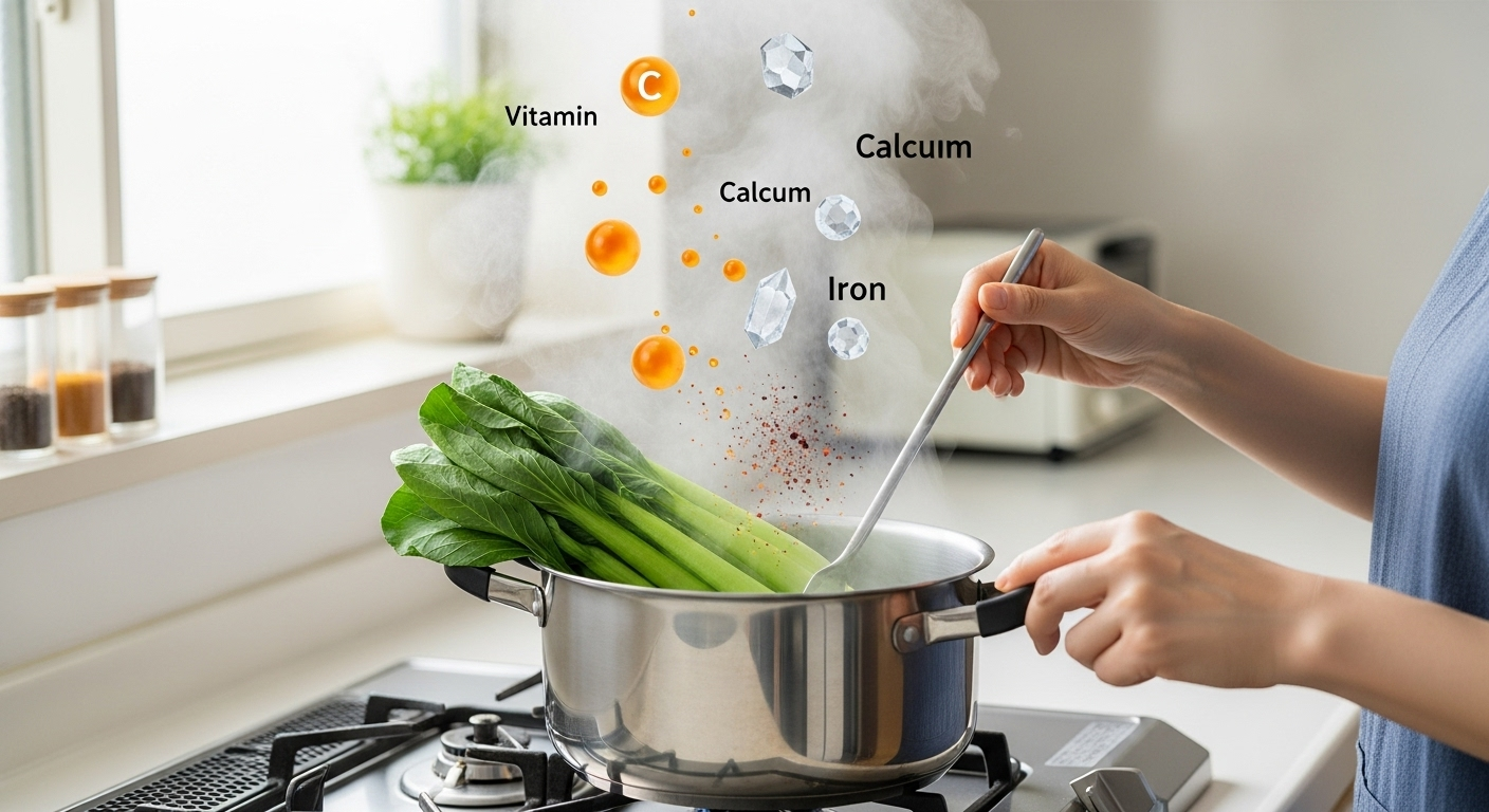 小松菜の栄養素が流出している様子を表現した教育的なイメージ