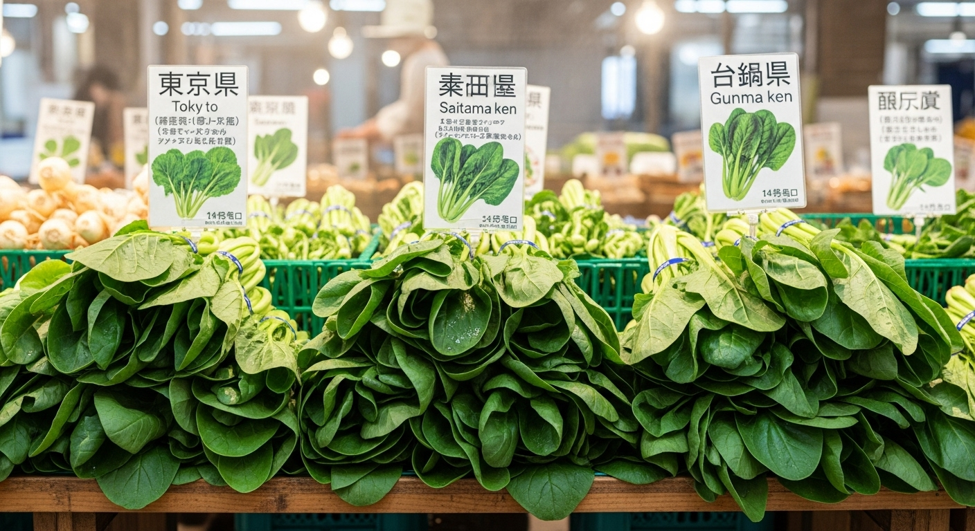 産地別の新鮮な小松菜を比較している様子