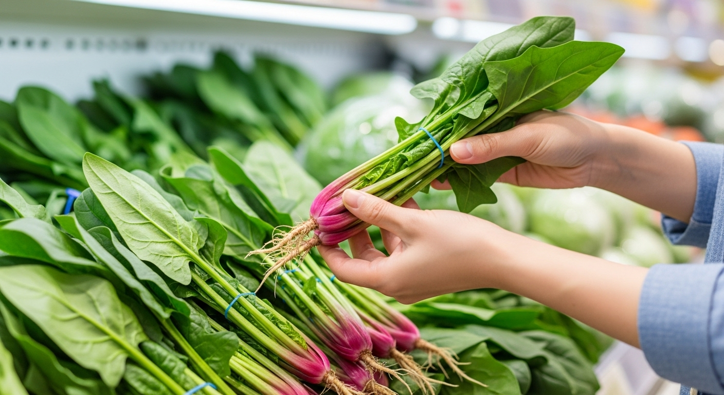 スーパーの野菜売り場で新鮮なほうれん草を手に取って選んでいる30代の日本人女性の手元