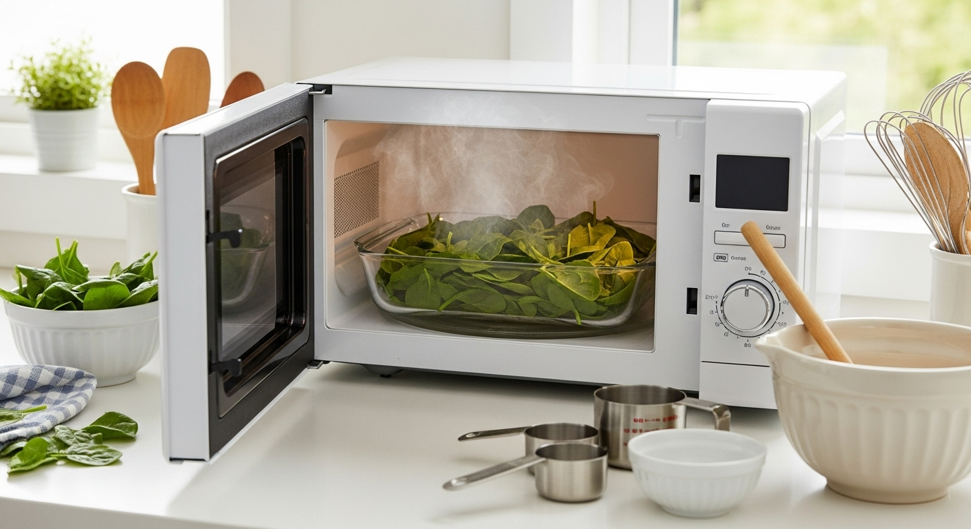 明るいキッチンで電子レンジを使ってほうれん草を調理している様子