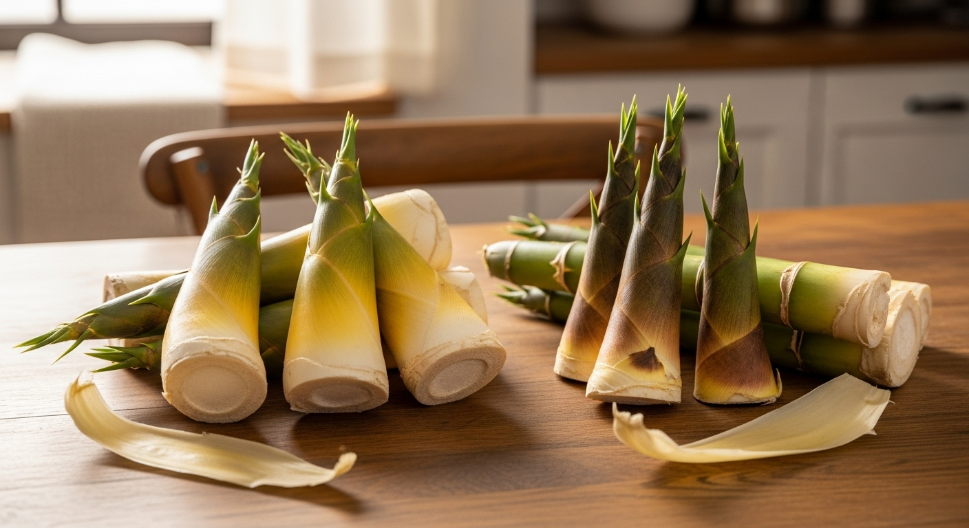 キッチンのテーブルの上に新鮮なタケノコが並んでいる様子