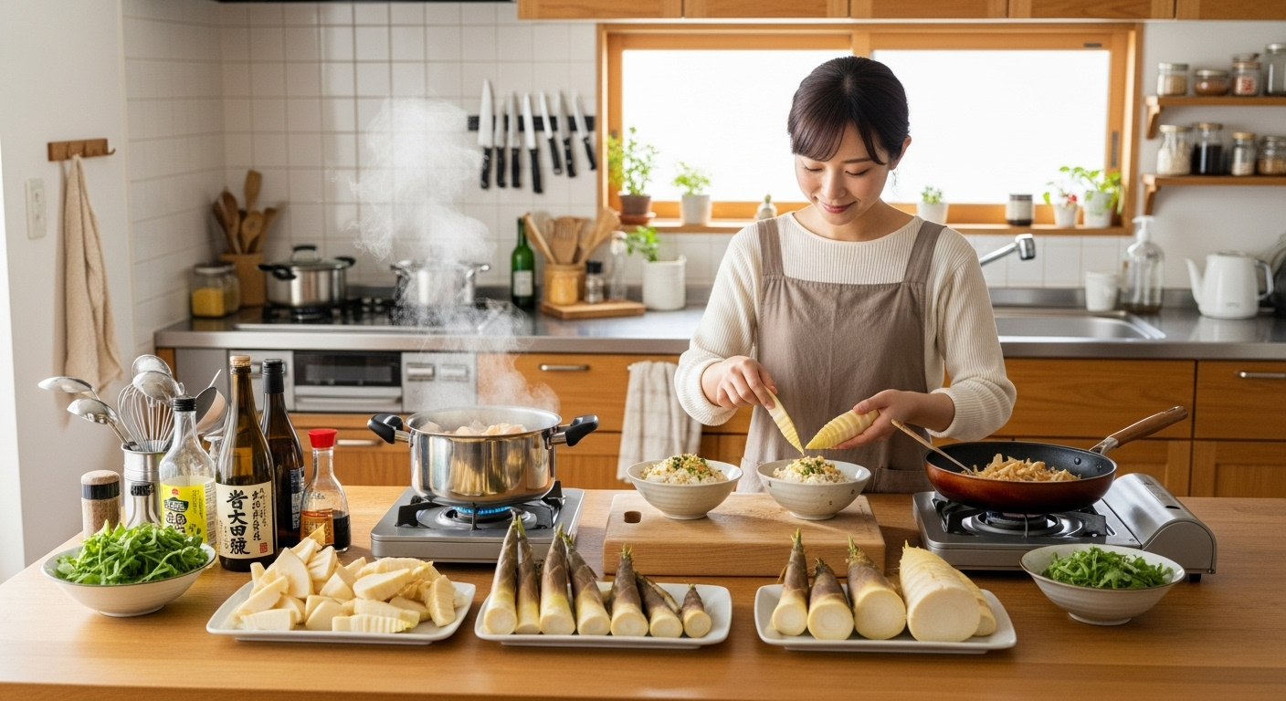 日本の家庭のキッチンで、30代の日本人女性がタケノコ料理を作っている様子