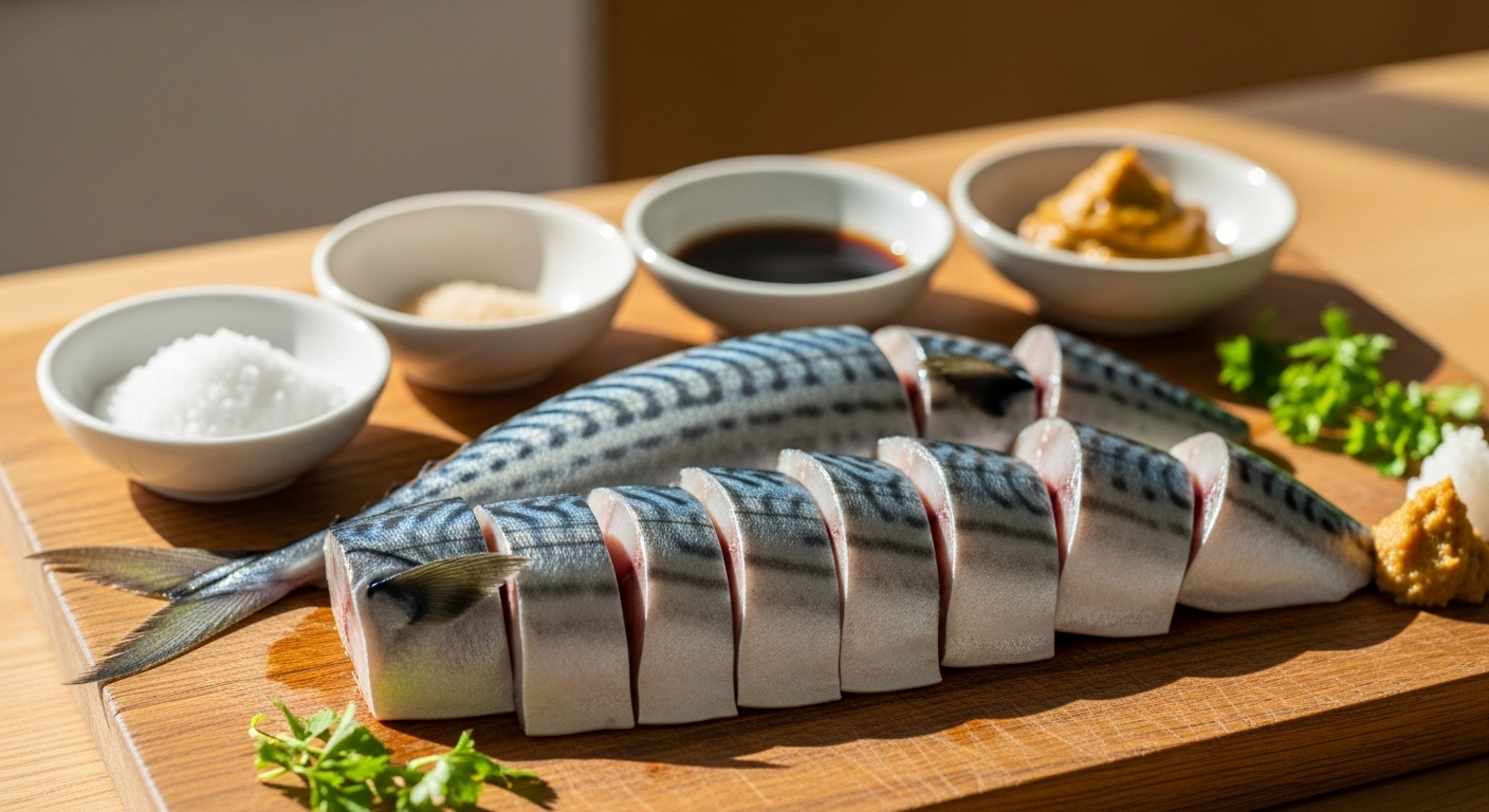 新鮮な鯖の切り身が木製のまな板の上に美しく並んでいる様子