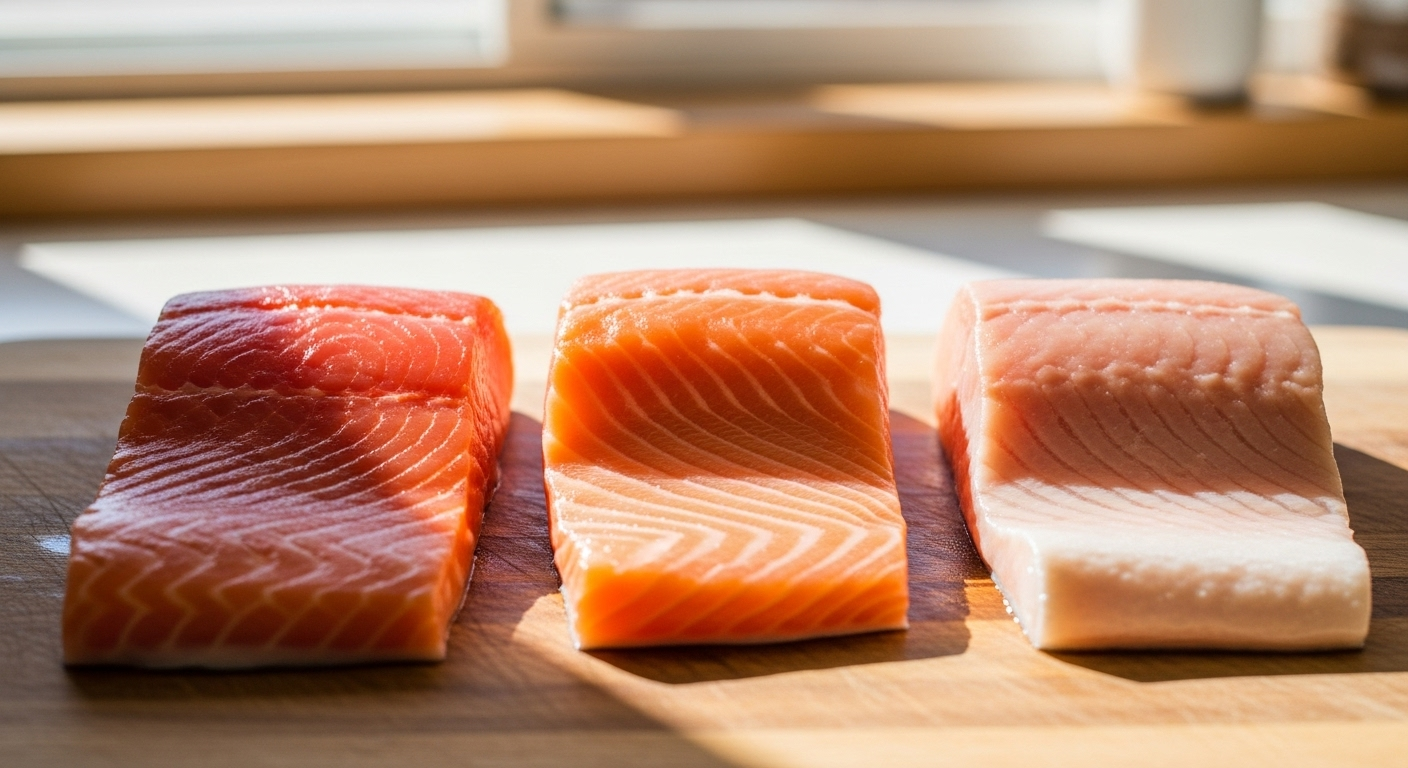 木製のまな板の上に、紅鮭、銀鮭、秋鮭の切り身が並べて置かれ、それぞれの色の違いが分かりやすく表現されている様子