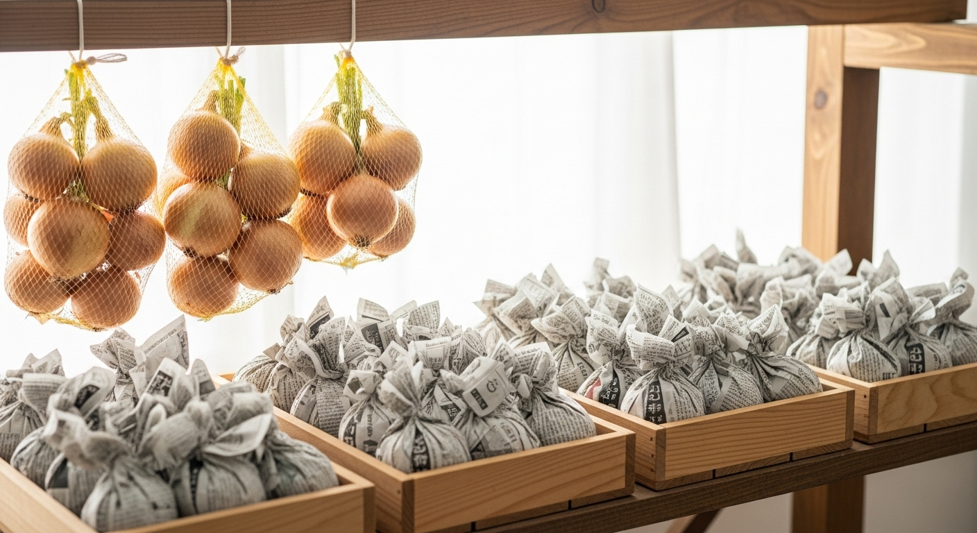 風通しの良い場所で正しく保存されている玉ねぎの様子