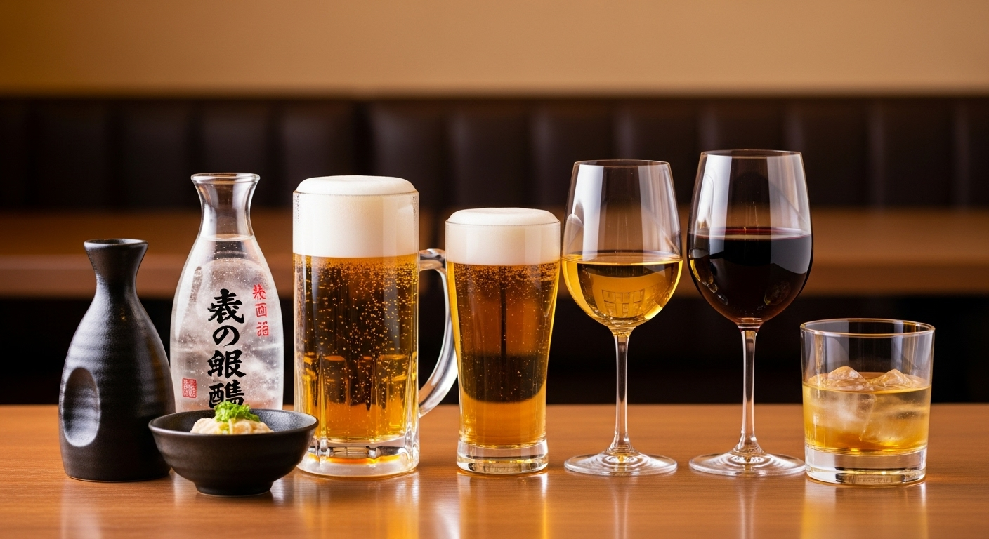 様々な種類のお酒（日本酒の徳利とお猪口、ビールジョッキ、ワイングラス、ウイスキーグラス）が木製のテーブルに整然と並んでいる様子