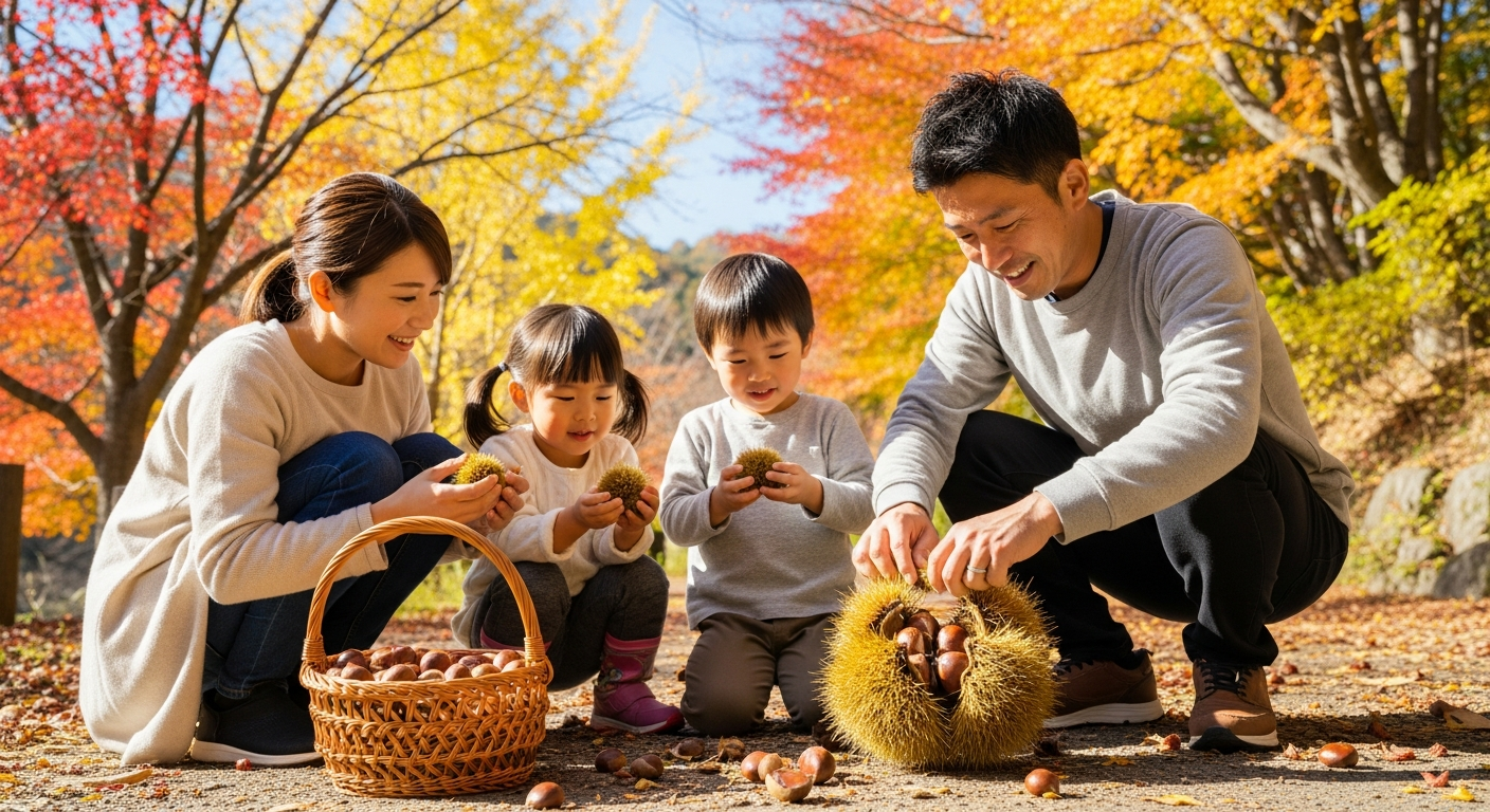 秋の公園や山道で栗拾いをする日本人家族の様子