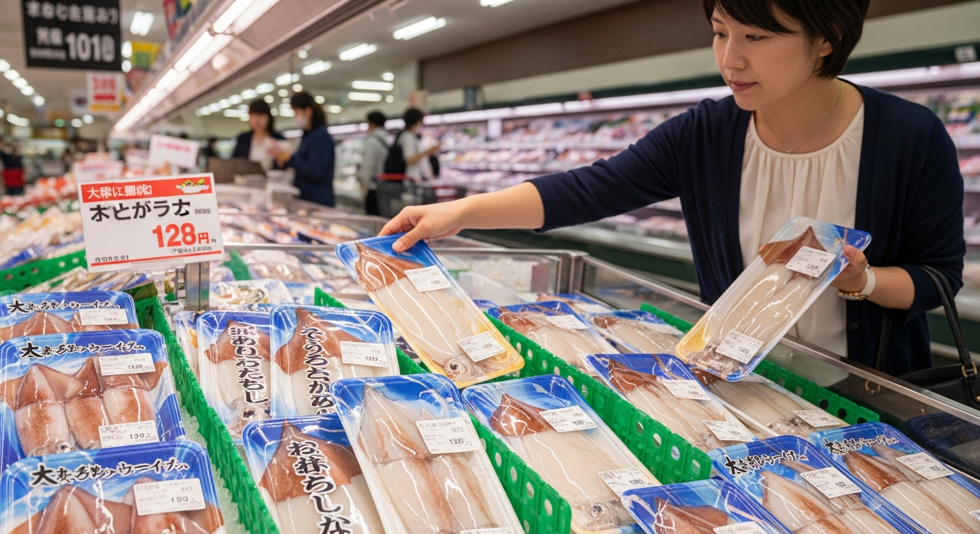 スーパーの鮮魚コーナーでイカを選んでいる日本人女性の様子