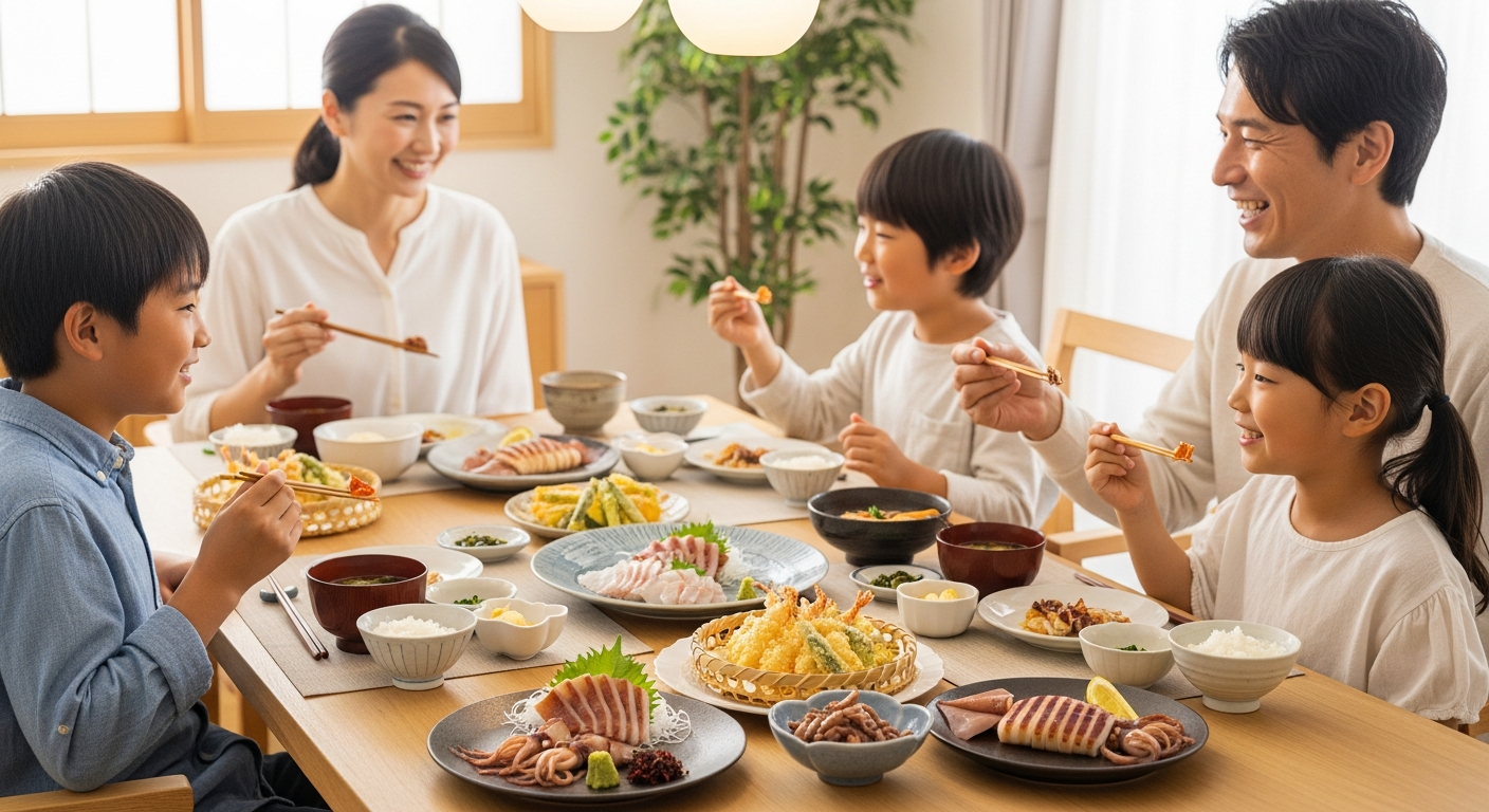 日本人家族が食卓を囲んでイカ料理を楽しんでいる温かい食事風景