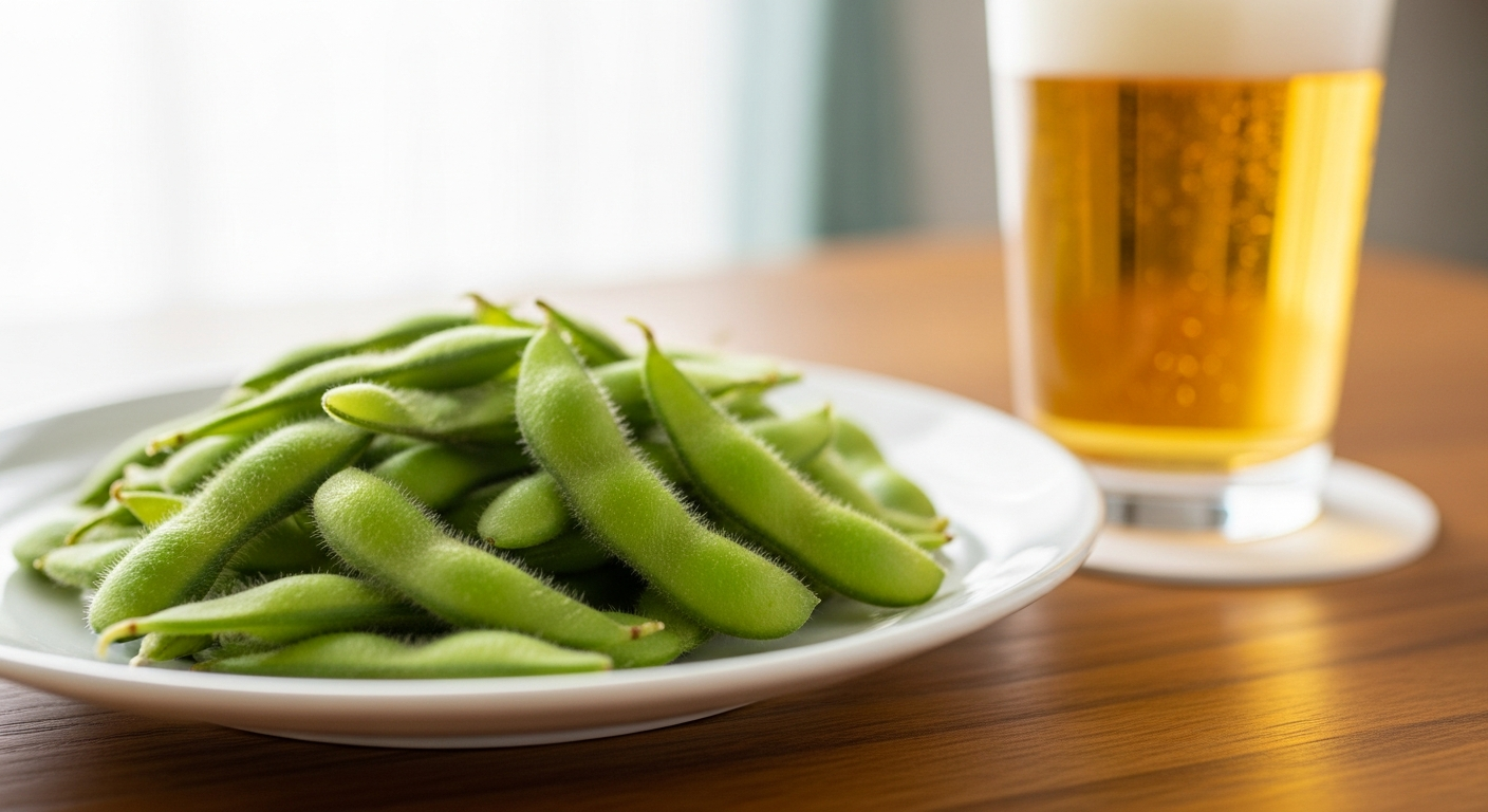 木製のテーブルの上に、新鮮な枝豆のさやが美しく盛り付けられたお皿と、ビールの入ったグラスが並んでいる温かい食卓の風景