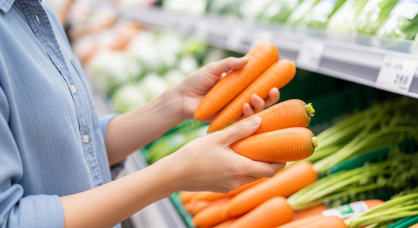 スーパーの野菜売り場で新鮮な人参を選んでいる30代の日本人女性の手元のクローズアップ写真。