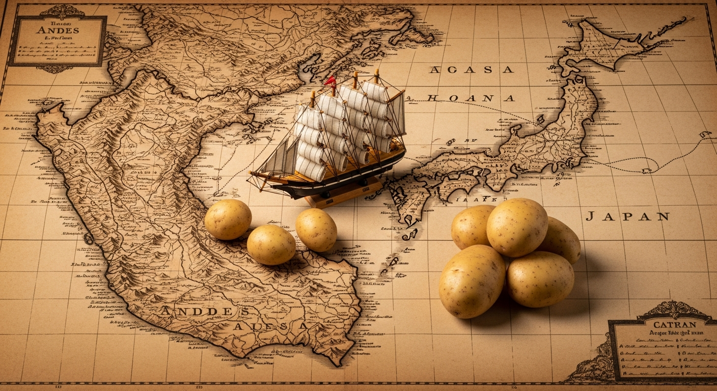 歴史を感じさせる古い地図と船の模型、そしてじゃがいもが一緒に配置された構図。