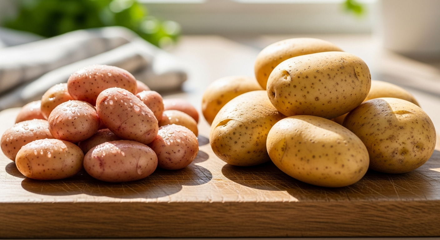 明るいキッチンで新じゃがと通常のじゃがいもを比較している場面。