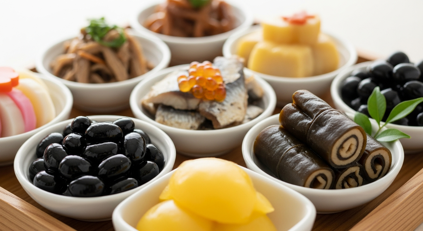 美しく盛り付けられたおせち料理の各食材のクローズアップ。