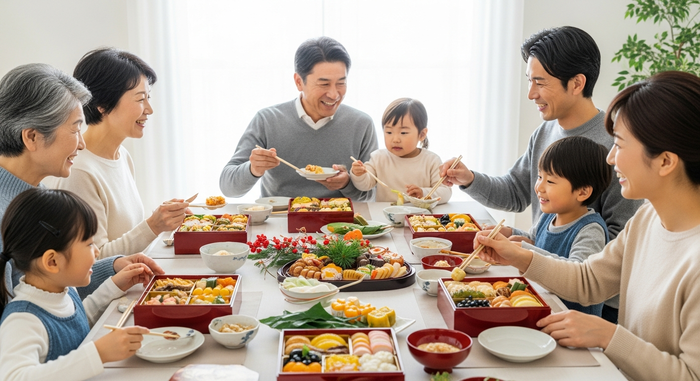 家族が集まる新年の食卓でおせち料理を囲んでいる温かい風景。