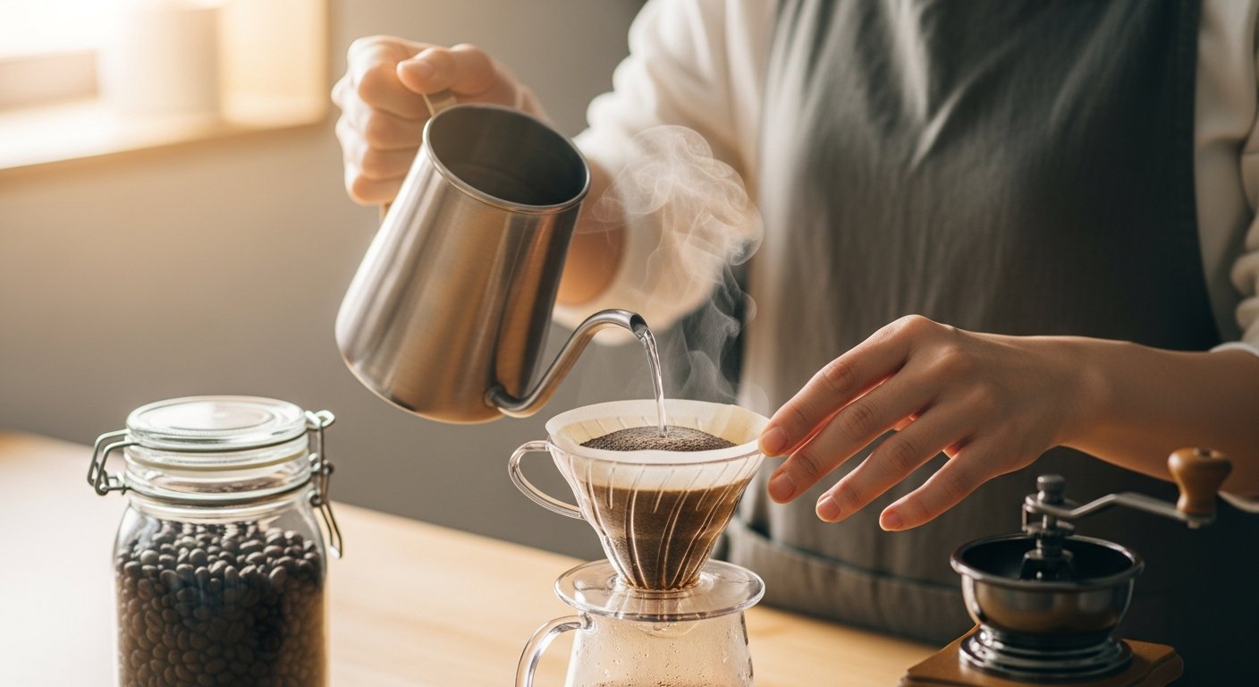 自宅でコーヒーを淹れる日本人女性の手元を映した画像。
